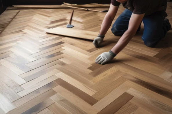 A person wearing gloves is installing herringbone wooden flooring. They are kneeling and fitting a plank into place, with tools nearby and additional planks in the background. The room has a warm, natural color tone.