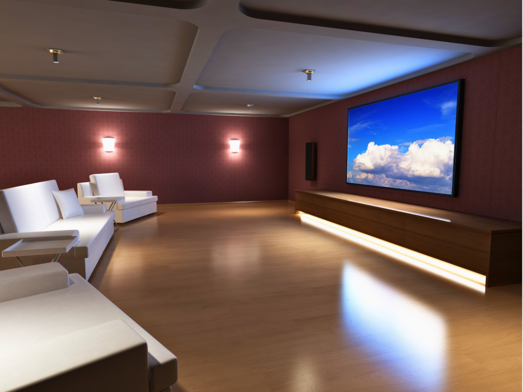 home theater in basement by Reese Builders.