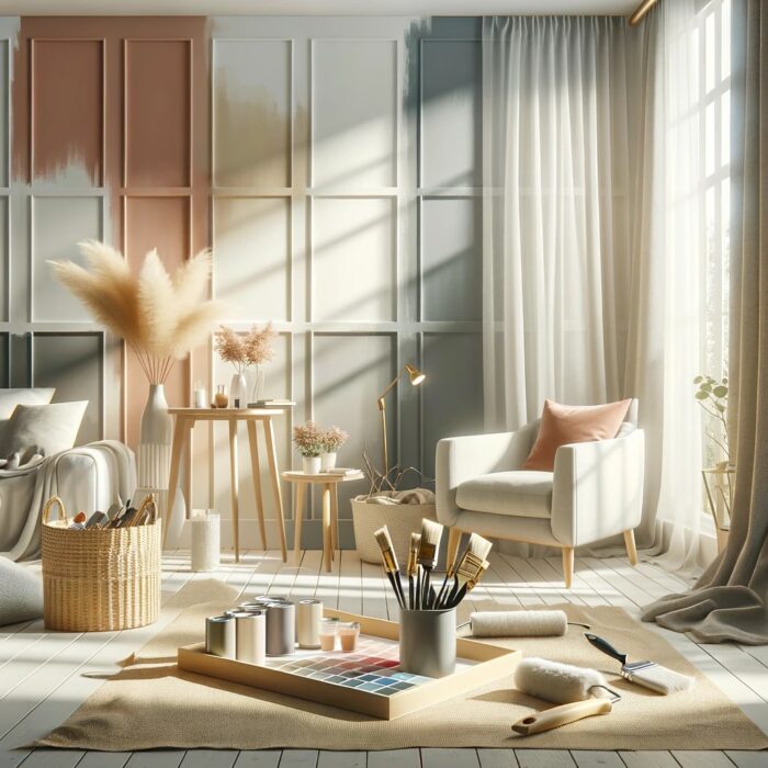 A sunlit room features a cozy setting with a modern armchair, a side table holding decorative plants, and a basket filled with painting supplies on the floor. Paint swatches, brushes, and roller lie on a drop cloth, with wall paneling showing various test colors.