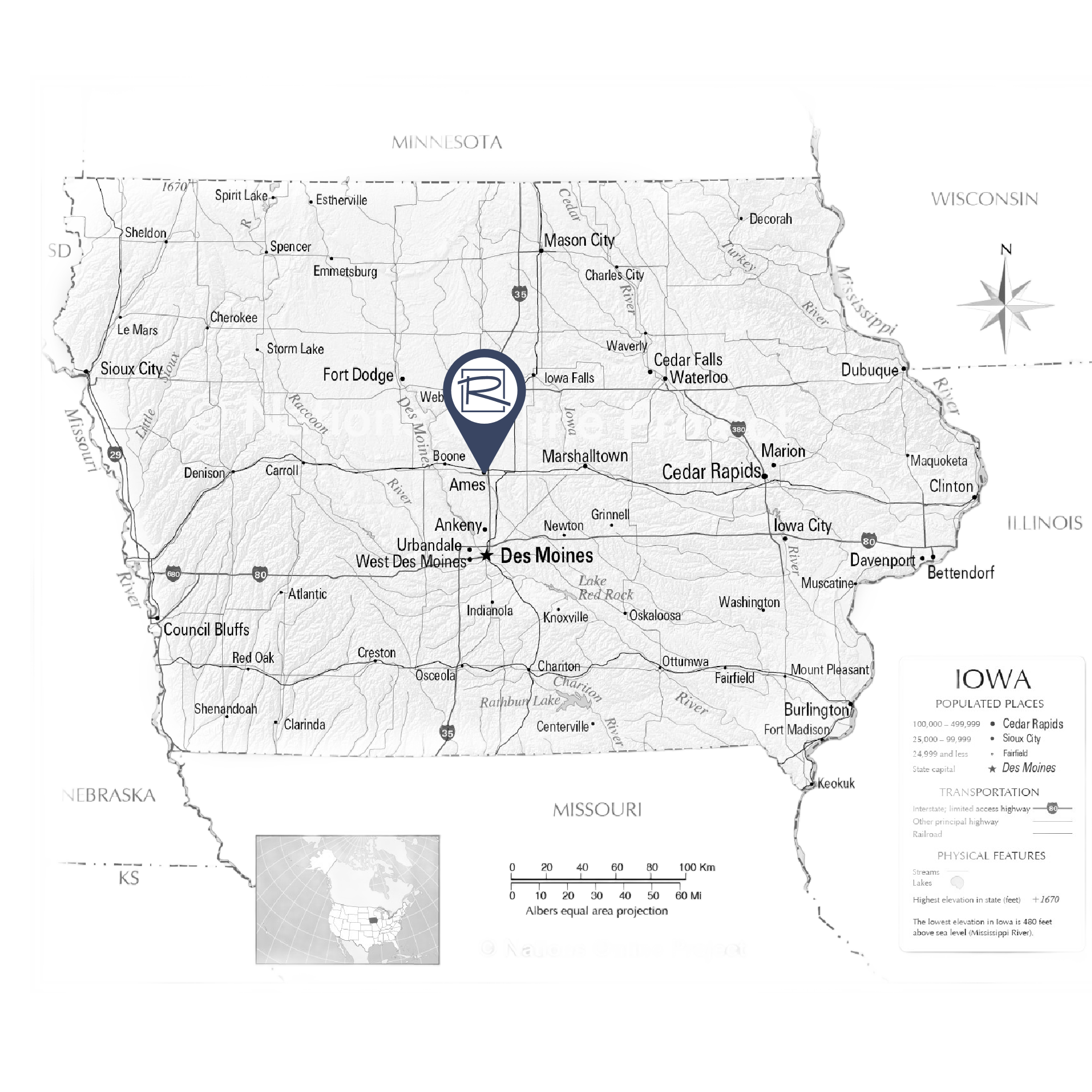 A black and white map of Iowa highlighting Des Moines with a marker. The map also lists major cities and transportation routes, and includes inset maps showing Iowa's location in the USA and state motto. Population and physical features are noted.