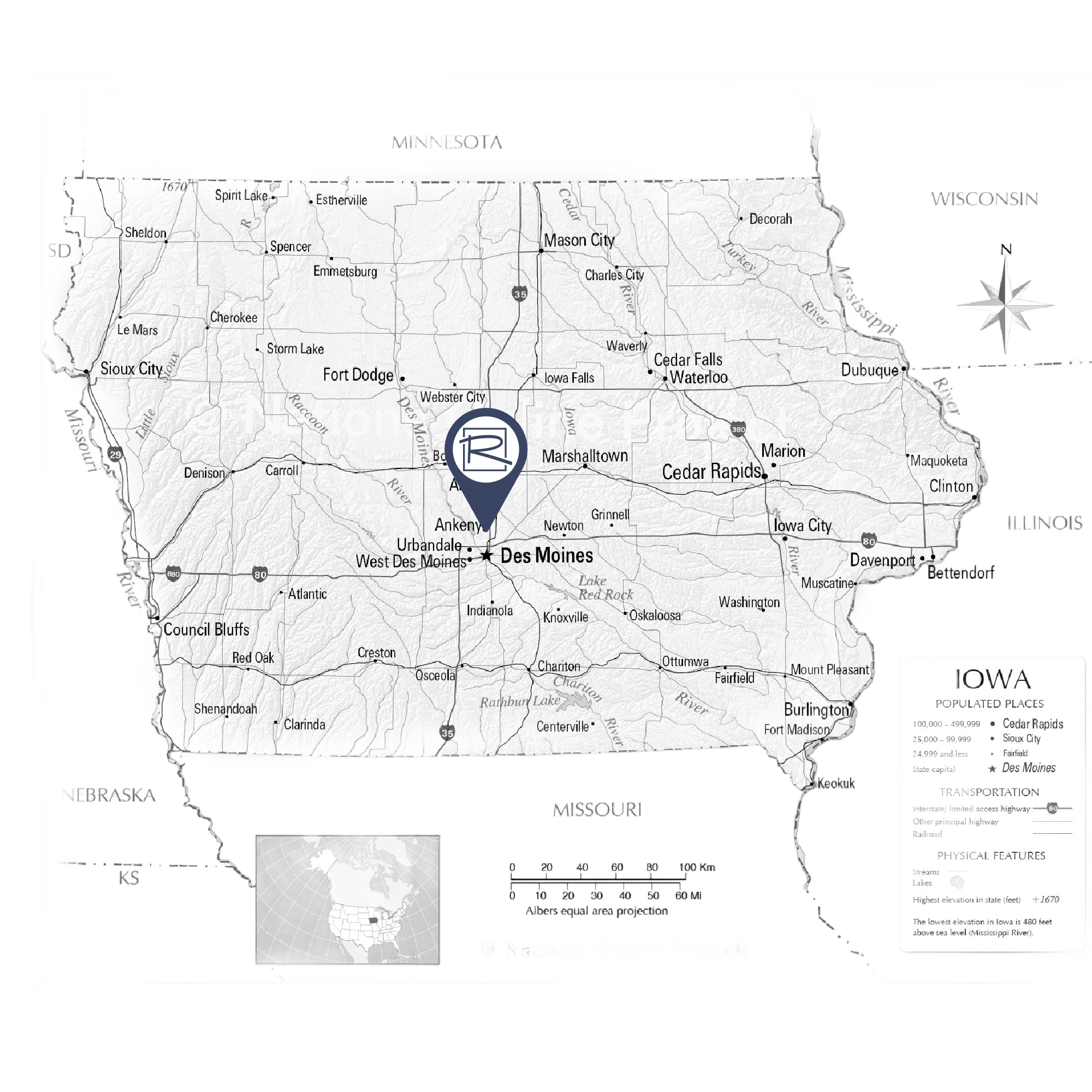 Black and white map of Iowa, highlighting major cities including Des Moines. A marker indicates pest control services in Ankeny, IA.