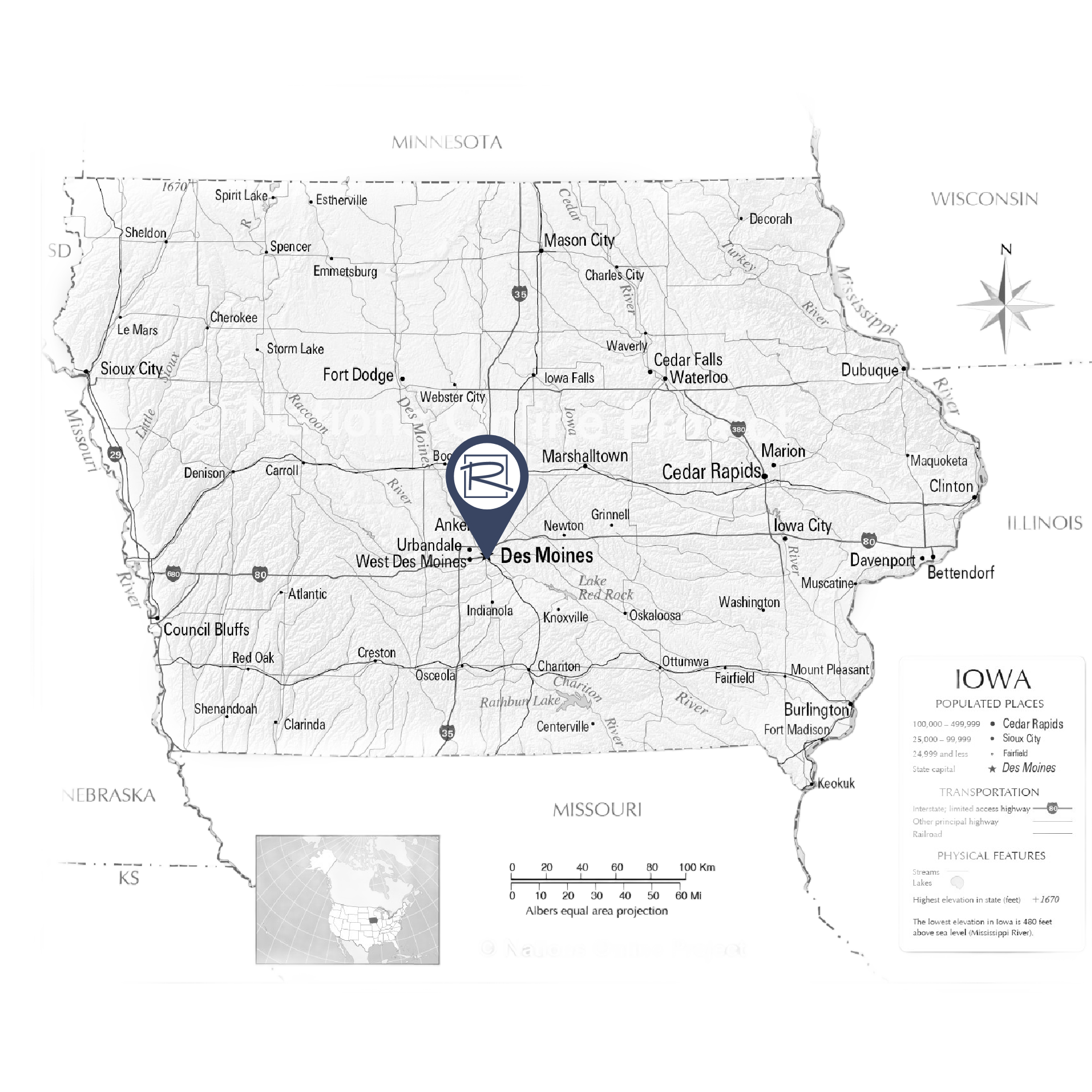 A black and white map of Iowa highlighting major cities, roads, and physical features. A notable marker points to Des Moines in the center. Surrounding states—Minnesota, Wisconsin, Illinois, Missouri, and Nebraska—are also labeled.