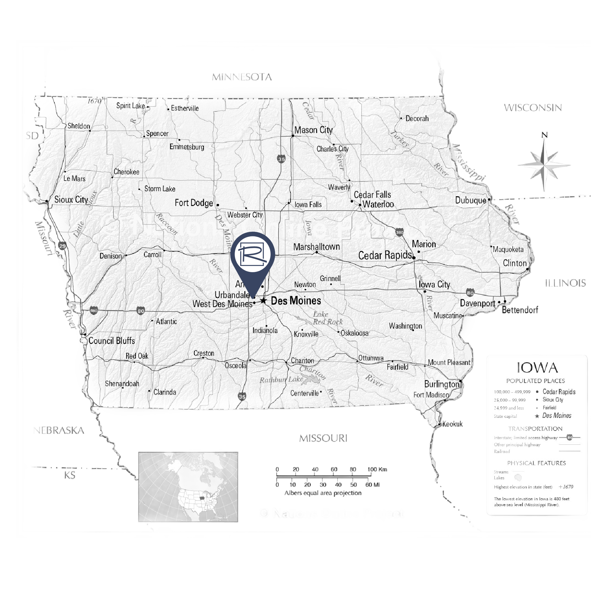 Black and white map of Iowa, highlighting major cities including Des Moines. A marker indicates pest control services in Urbandale, IA.