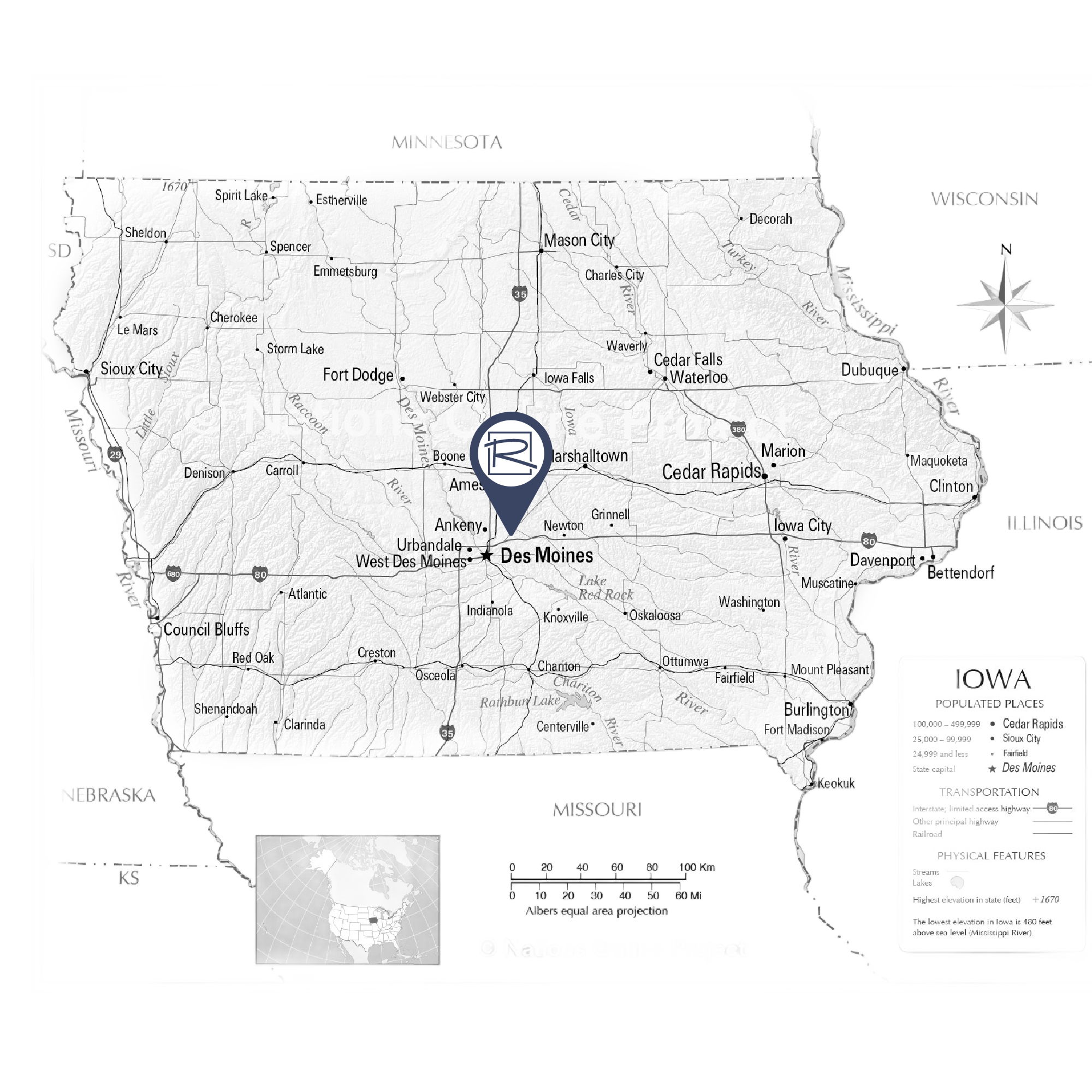 Black and white map of Iowa, highlighting major cities including Des Moines. A marker indicates pest control services in Altoona, IA.