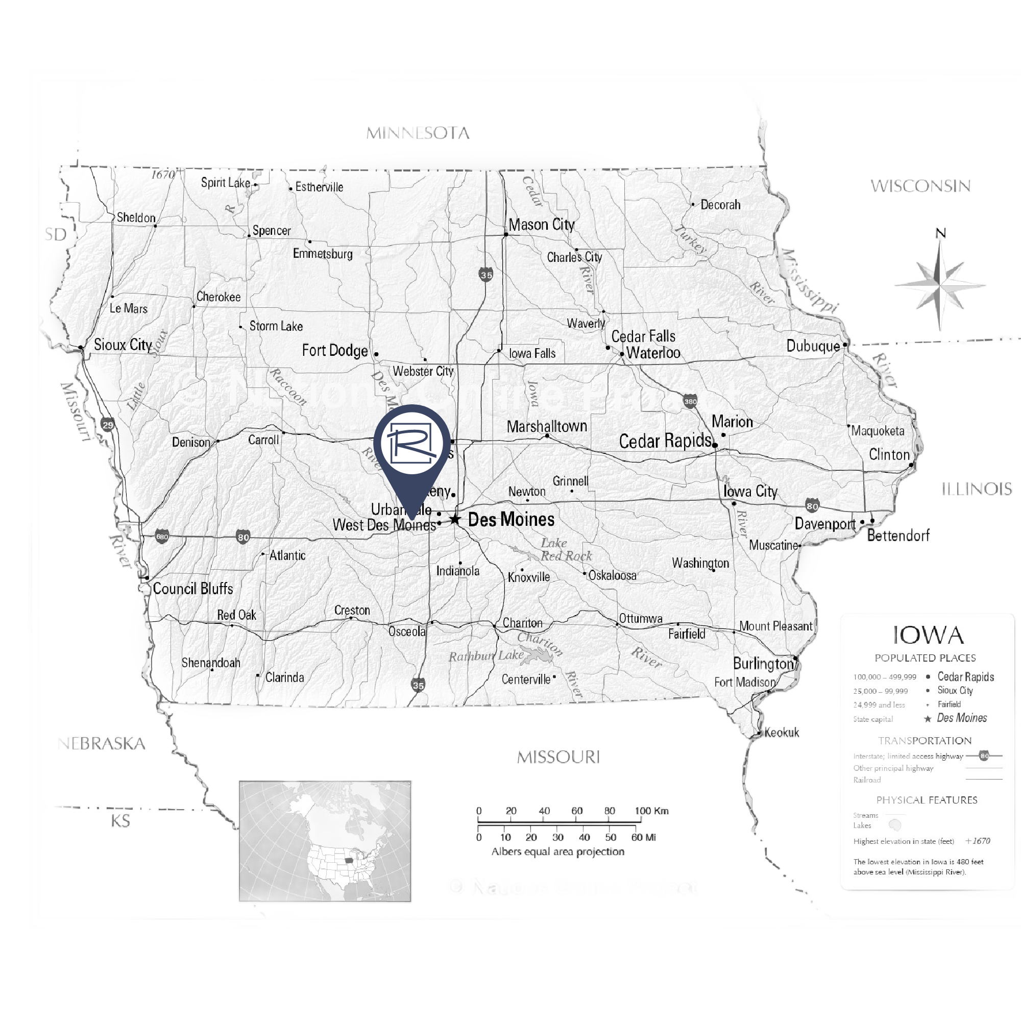 Black and white map of Iowa, highlighting major cities including Des Moines. A marker indicates pest control services in Clive, IA.