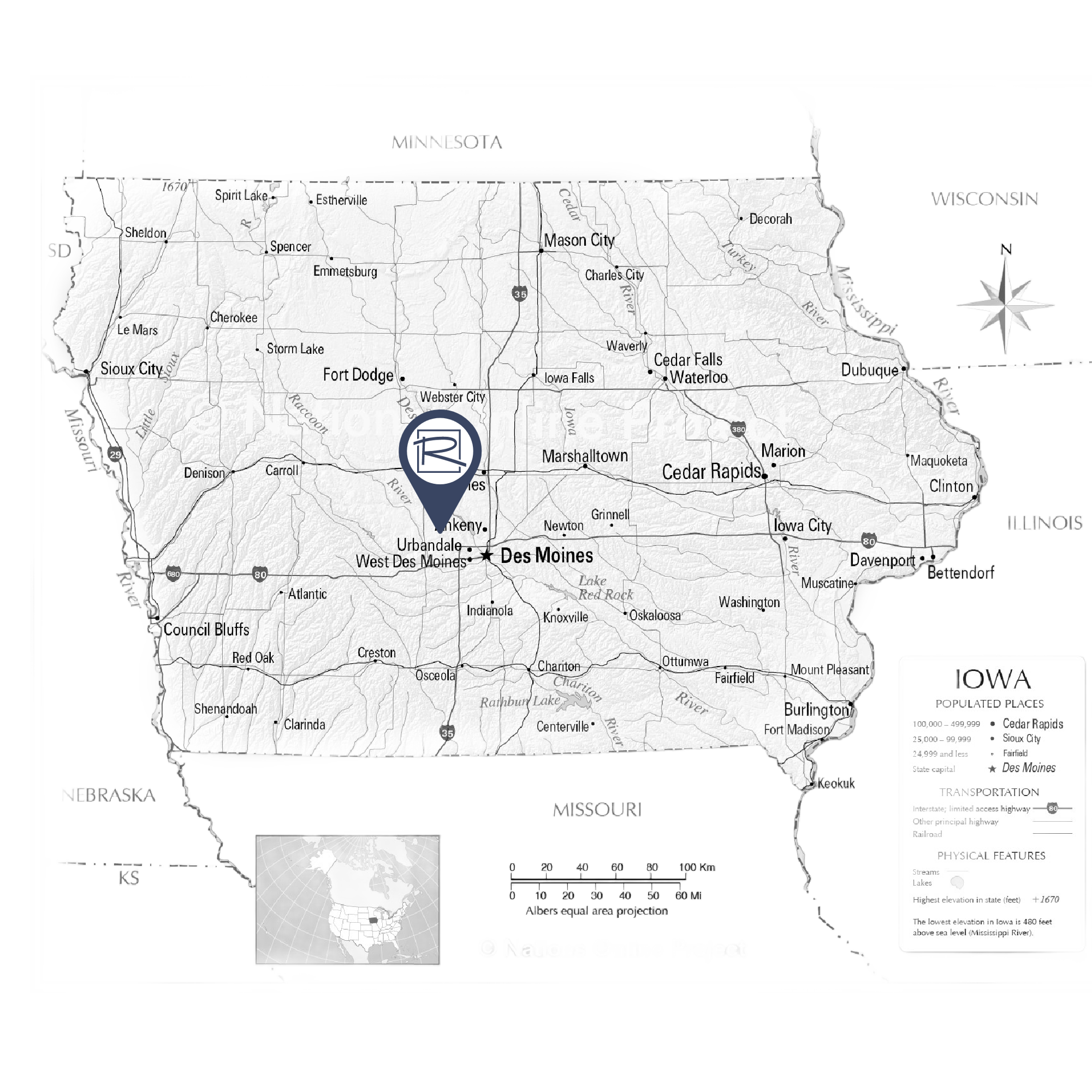 Black and white map of Iowa, highlighting major cities including Des Moines. A marker indicates pest control services in Johnston, IA.