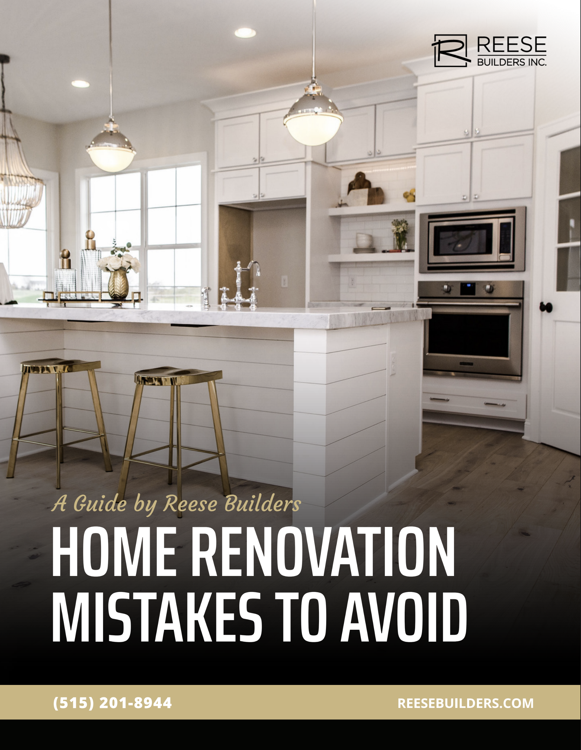 A promotional flyer for Reese Builders Inc. featuring a modern white kitchen with pendant lights, an island, and built-in appliances. The text reads "A Guide by Reese Builders: Home Renovation Mistakes to Avoid" with contact info and a website link at the bottom.