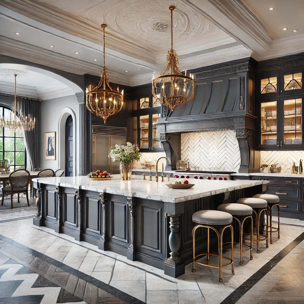 Luxurious kitchen with ornate black cabinetry, a large marble island, gold accents, and elegant chandeliers. A patterned marble floor complements the sophisticated decor. A dining area with a table and chairs is visible in the background.