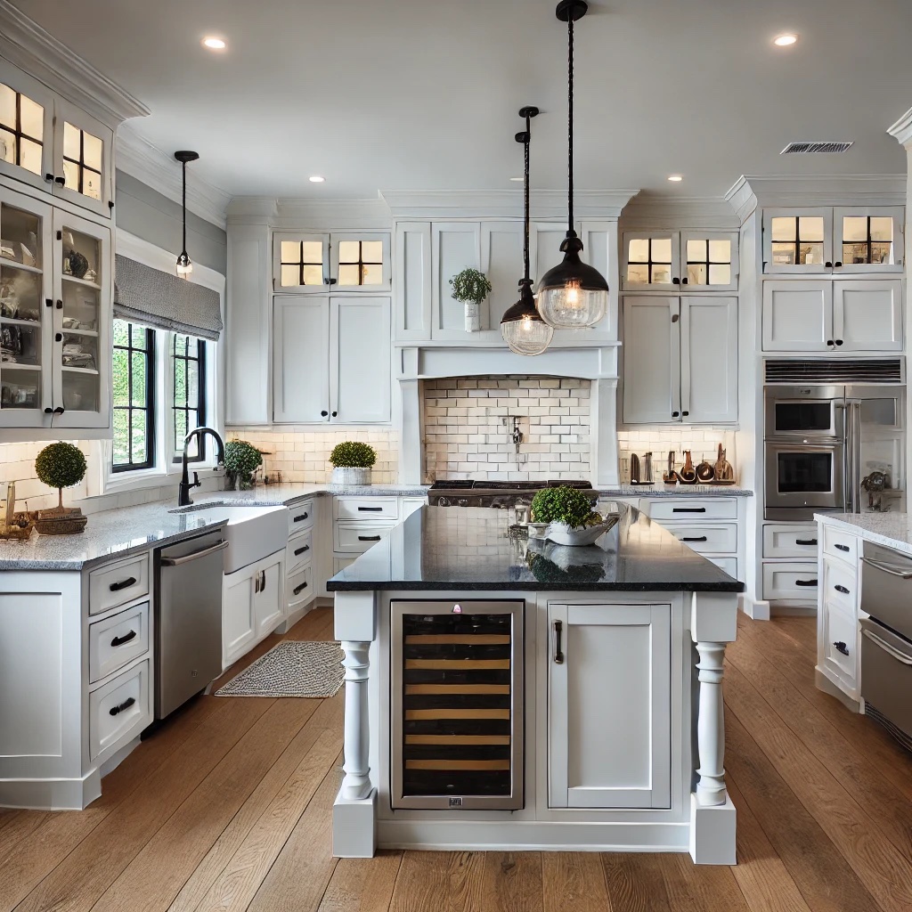 A modern, spacious kitchen with white cabinetry, stainless steel appliances, and a large black countertop island featuring a built-in wine cooler. The kitchen has pendant lights over the island, wooden floors, and large windows for natural light.