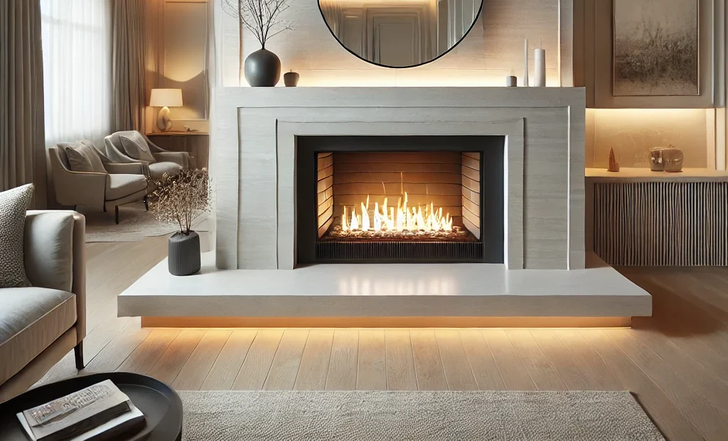 A modern living room with a lit fireplace. The fireplace is framed by a sleek mantel and a round mirror above it. Soft lighting highlights the neutral-toned decor, including armchairs, drapes, and a few decorative items on the mantel.