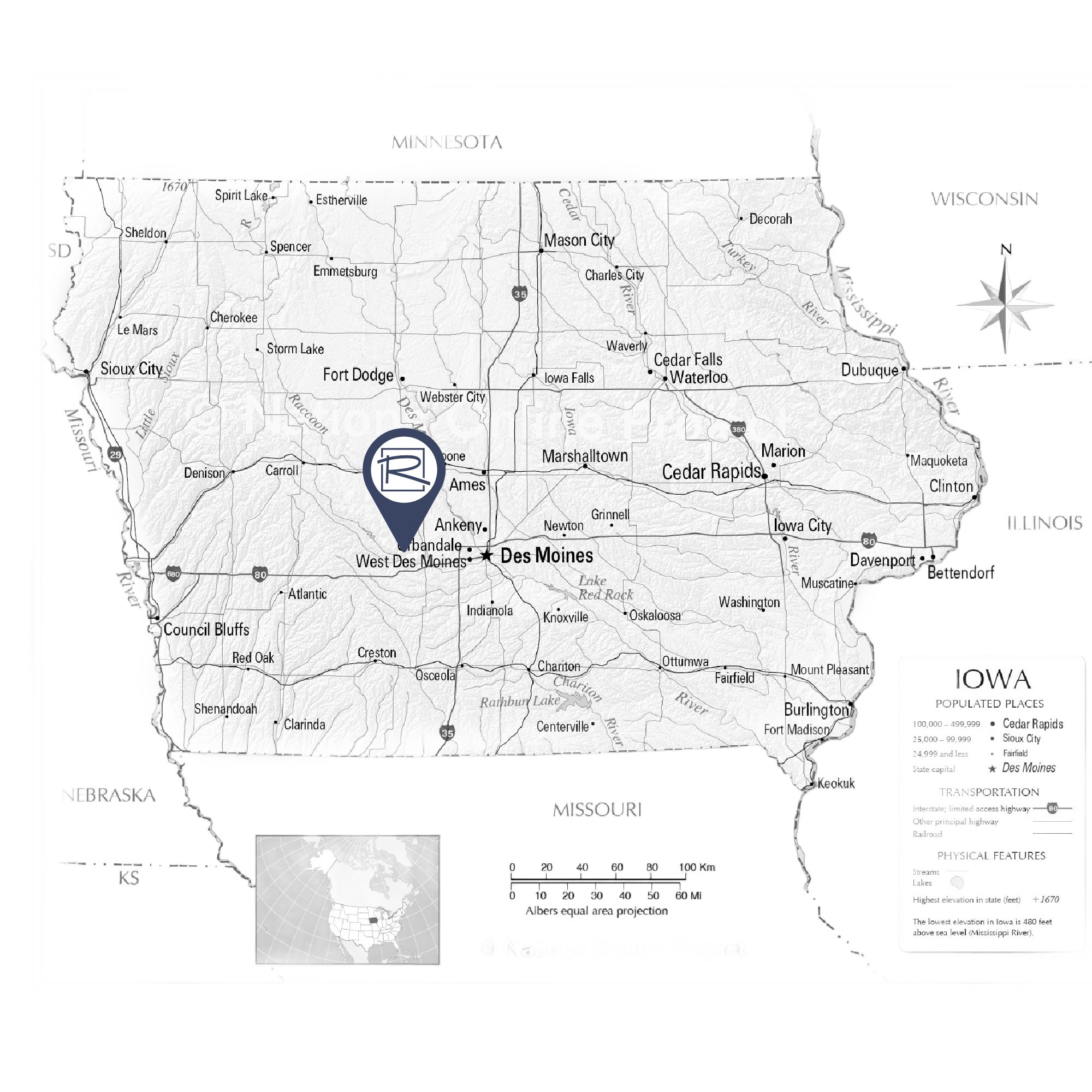 Black and white map of Iowa showing home remodeling services in Adel, IA.