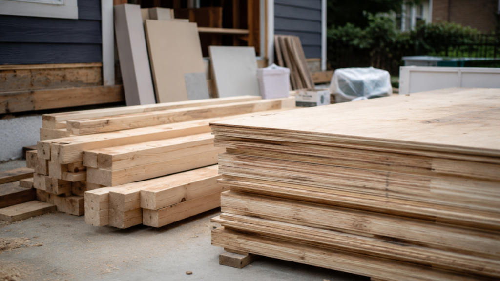 Framing lumber and building materials stacked on a home remodeling job site