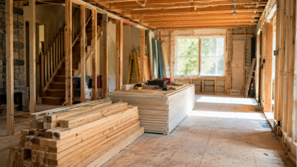 A home remodel in progress with framing and building materials, illustrating rising material costs