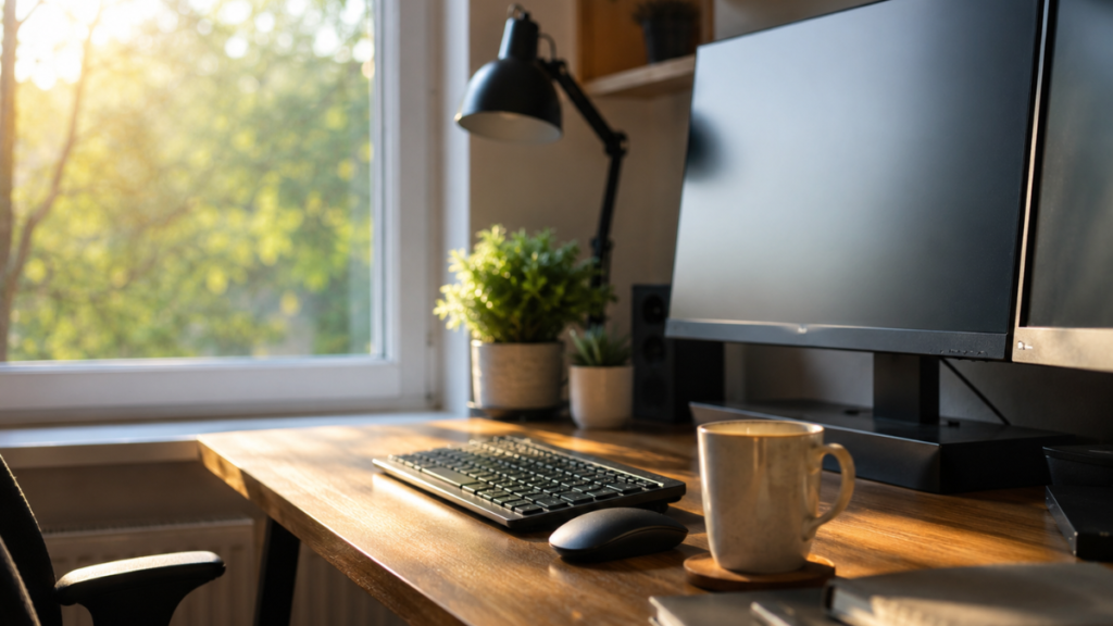 A home office desk beside a window with natural light and built-in shelving
