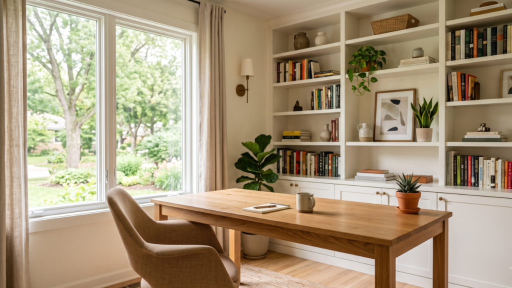 A bright, finished home office with built-in shelving and a desk by a window in a Central Iowa home