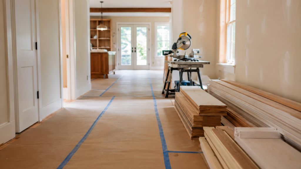 An organized home remodeling job site with materials staged and protected