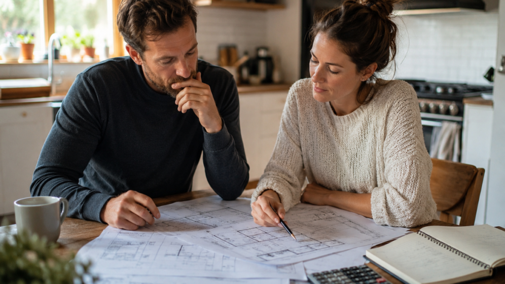 A couple reviewing home remodel plans and a budget at a kitchen table