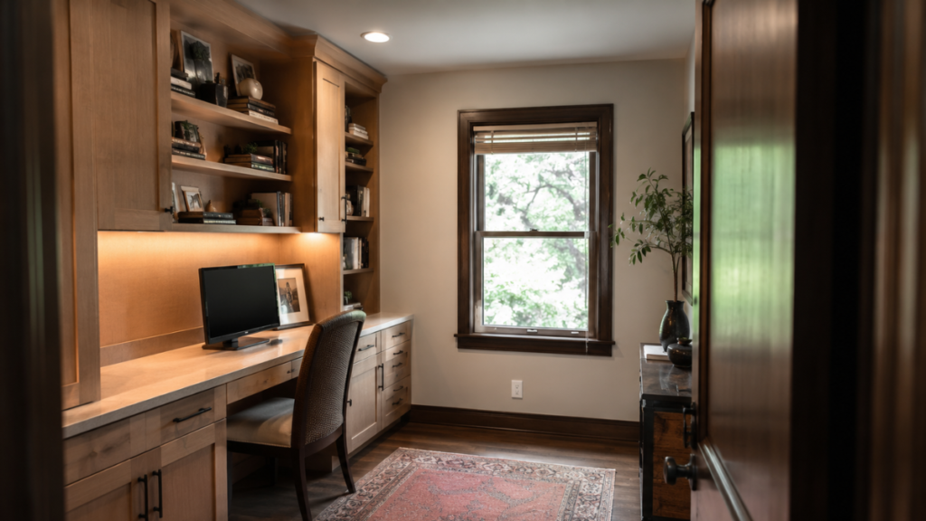 A small spare bedroom converted into a tidy home office in a Des Moines home